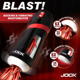Jock BLAST Sucking & Vibrating Masturbator showcasing auto suction and powerful vibration features.