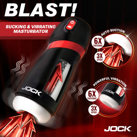 Jock BLAST Sucking & Vibrating Masturbator showcasing auto suction and powerful vibration features.