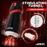 Jock BLAST Sucking & Vibrating Masturbator featuring stimulating tunnel and lifelike ribbing for enhanced pleasure.