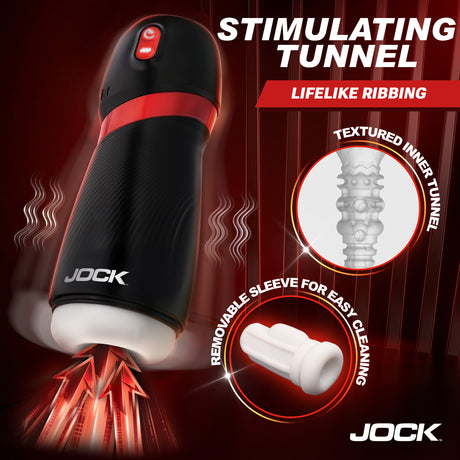 Jock BLAST Sucking & Vibrating Masturbator featuring stimulating tunnel and lifelike ribbing for enhanced pleasure.