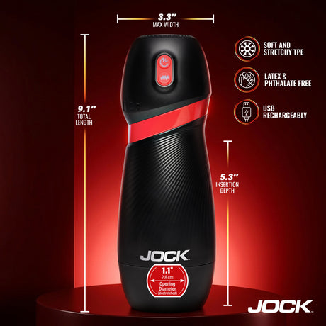 Jock BLAST Sucking & Vibrating Masturbator showcasing total length and features like USB rechargeable design.