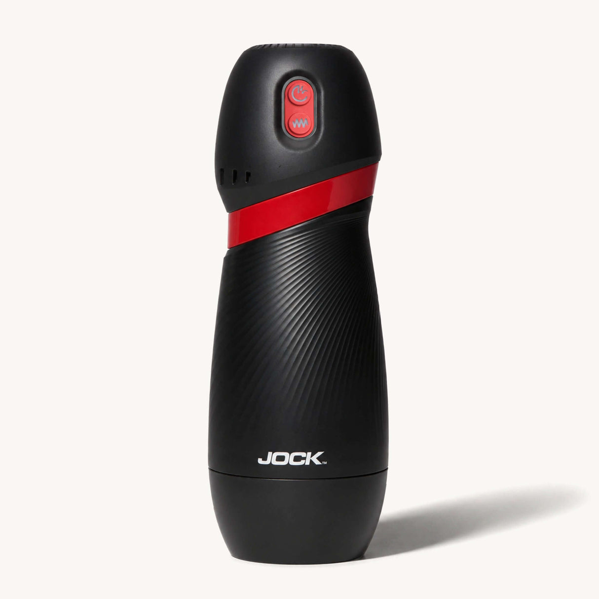Jock BLAST Sucking & Vibrating Masturbator in black with red accents, designed for hands-free suction and deep vibration.