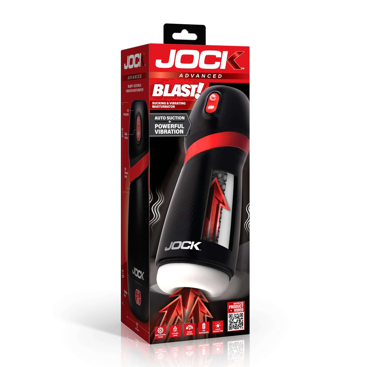 Jock BLAST Sucking & Vibrating Masturbator packaging showcasing auto suction and powerful vibration features.
