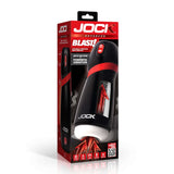 Jock BLAST Sucking & Vibrating Masturbator packaging showcasing auto suction and powerful vibration features.