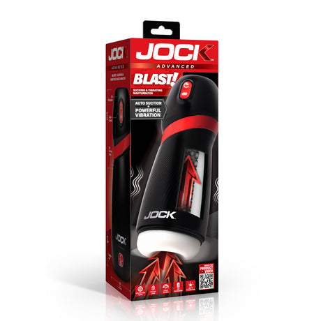 Jock BLAST Sucking & Vibrating Masturbator packaging showcasing auto suction and powerful vibration features.