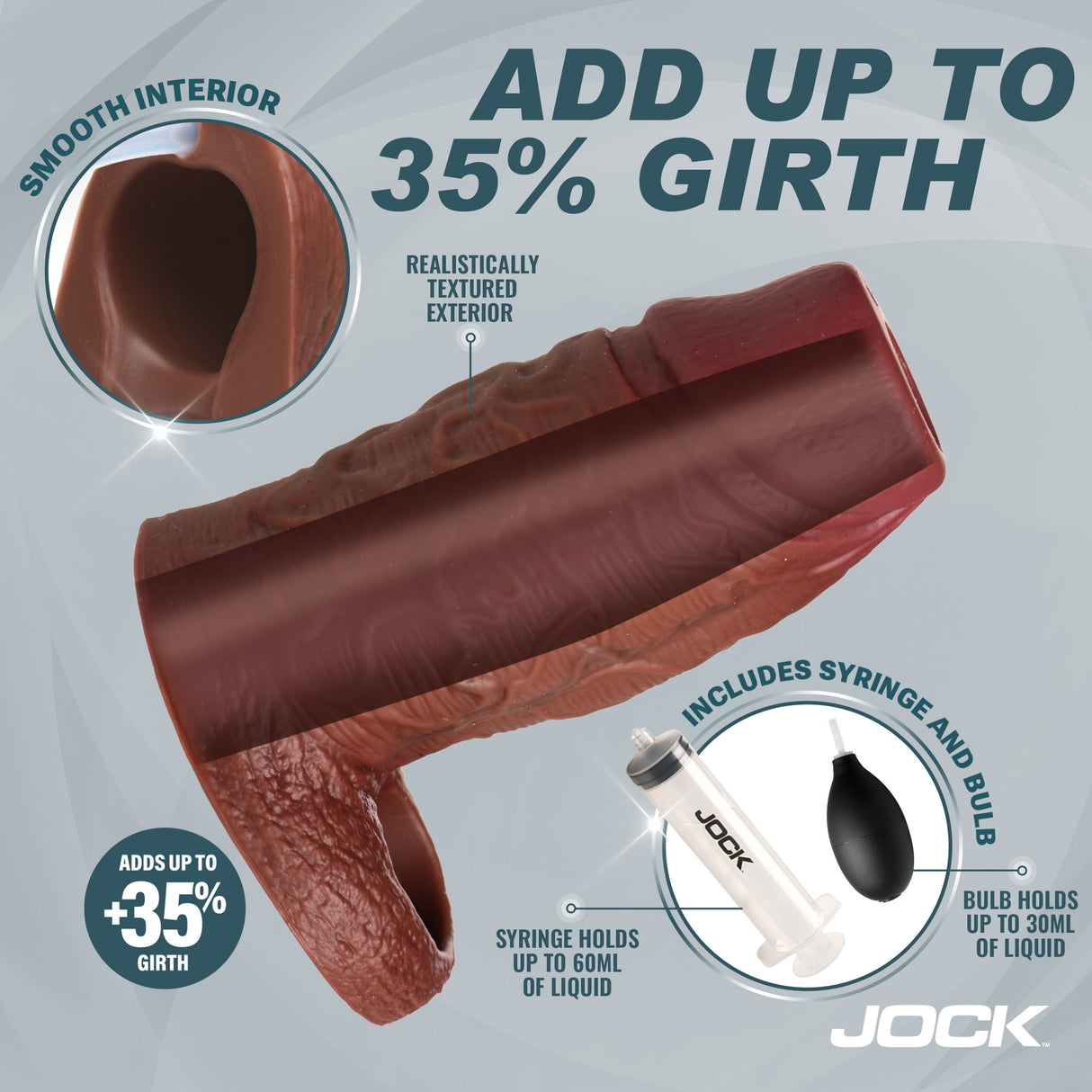 Jock Silicone Penis Enhancer with Ball Strap Dark showcasing realistic texture and smooth interior, adding up to 35% girth.