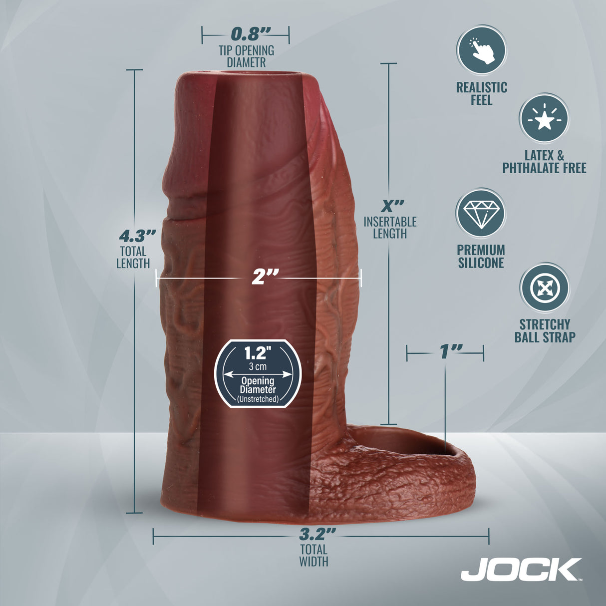 Jock Silicone Penis Enhancer with Ball Strap Dark dimensions and features infographic, showcasing realistic feel and premium silicone.