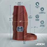 Jock Silicone Penis Enhancer with Ball Strap Dark dimensions and features infographic, showcasing realistic feel and premium silicone.
