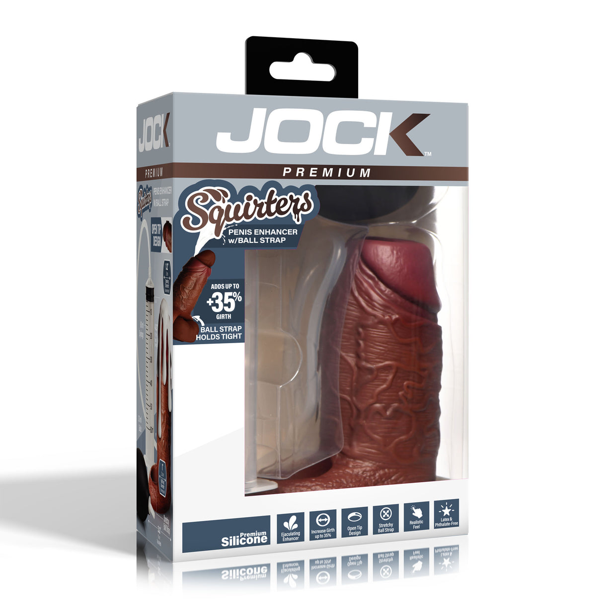 Jock Silicone Penis Enhancer with Ball Strap Dark packaging showcasing a hollow sleeve with lifelike detailing.