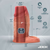 Jock Silicone Penis Enhancer with Ball Strap Light realistic design dimensions and features infographic.