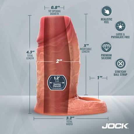 Jock Silicone Penis Enhancer with Ball Strap Light realistic design dimensions and features infographic.