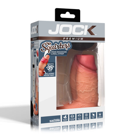 Jock Silicone Penis Enhancer with Ball Strap Light in packaging, featuring realistic design and 35% thickness increase.