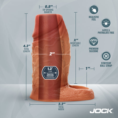 Jock Silicone Penis Enhancer with Ball Strap Medium dimensions showing total length and width for enhanced performance.
