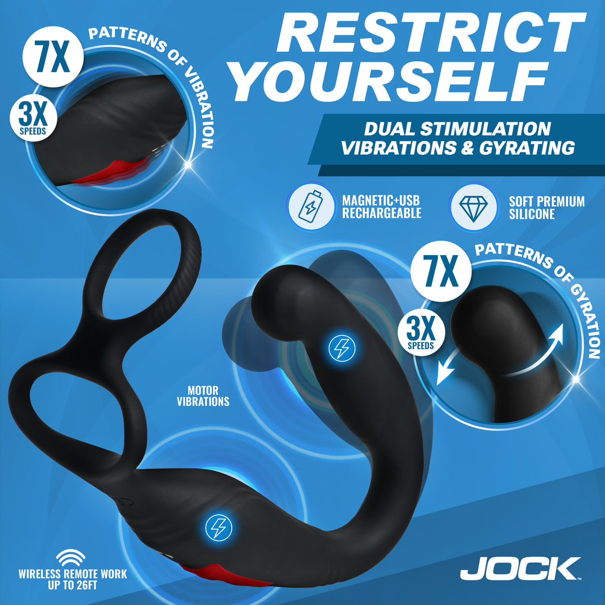 Jock Axis Gyrating Prostate Vibrator with C-Ring features dual stimulation, multiple vibration speeds, and patterns.