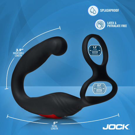 Jock Axis Gyrating Prostate Vibrator with C-Ring showcasing its dimensions and features, including splashproof design.