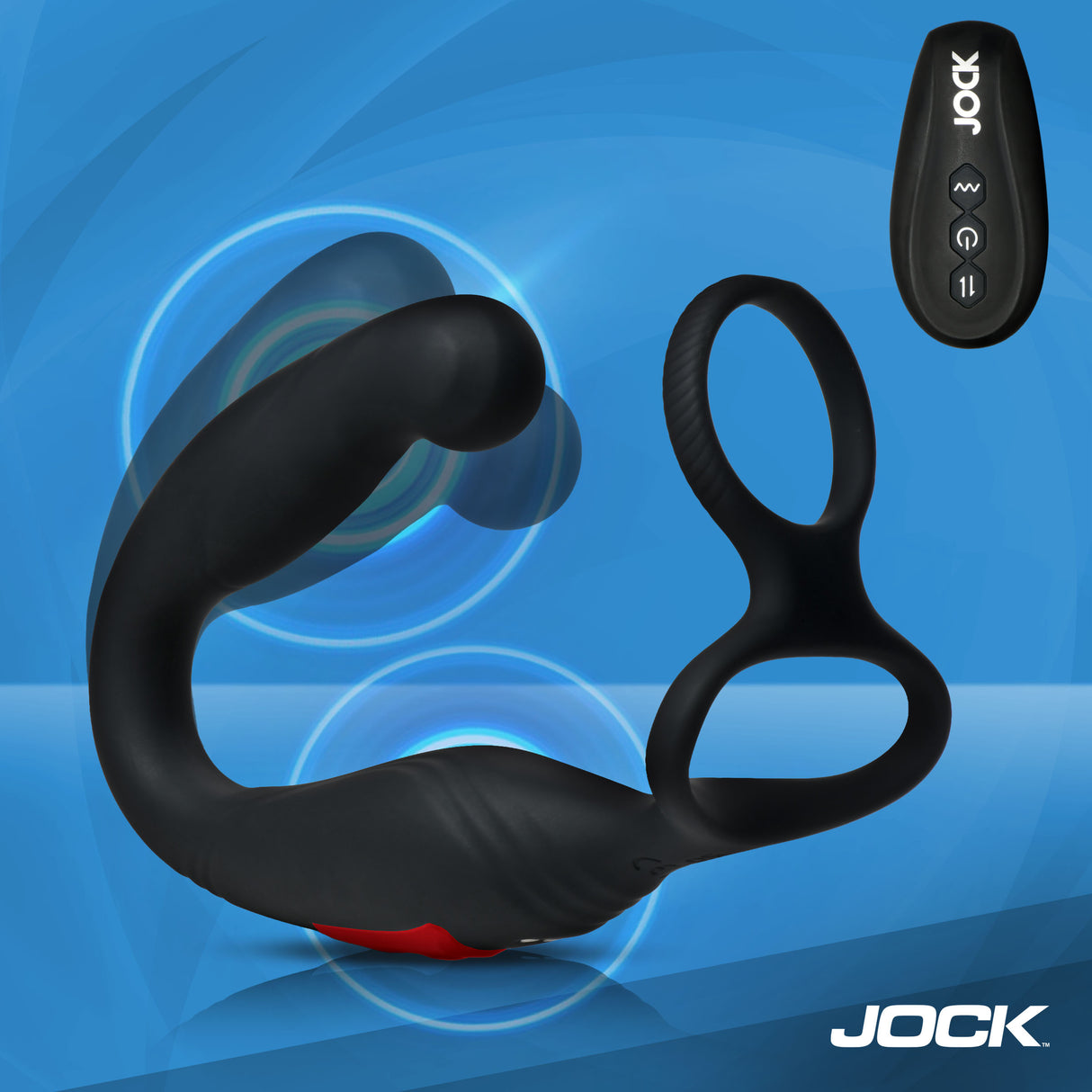 Jock Axis Gyrating Prostate Vibrator with C-Ring, featuring three motors and a double cock-and-ball ring for intense pleasure.