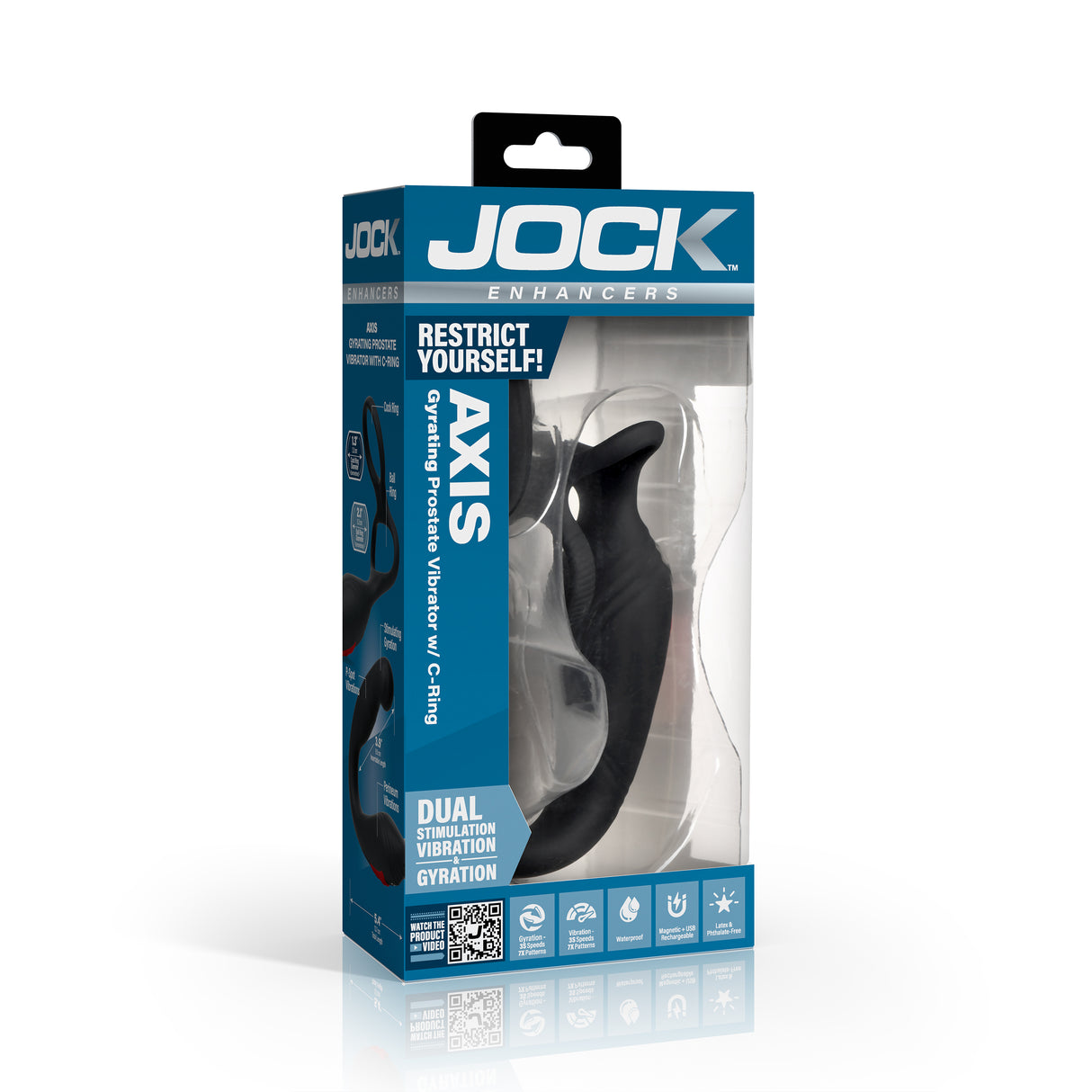 Jock Axis Gyrating Prostate Vibrator with C-Ring packaging showcasing dual stimulation and gyration features.