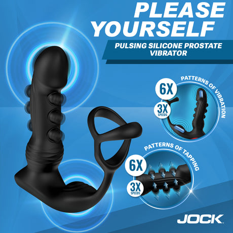Jock P-Pulse Silicone Prostate Vibrator with Remote Control showcasing pulsing features and ergonomic design.