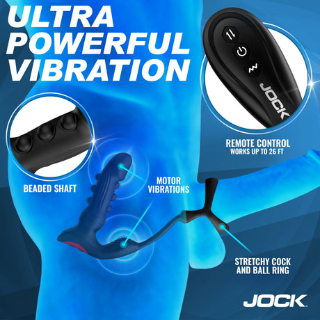 Jock P-Pulse Silicone Prostate Vibrator with Remote Control with beaded shaft and remote device features.