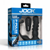Jock P-Pulse Silicone Prostate Vibrator with Remote Control packaging showcasing its features and design.