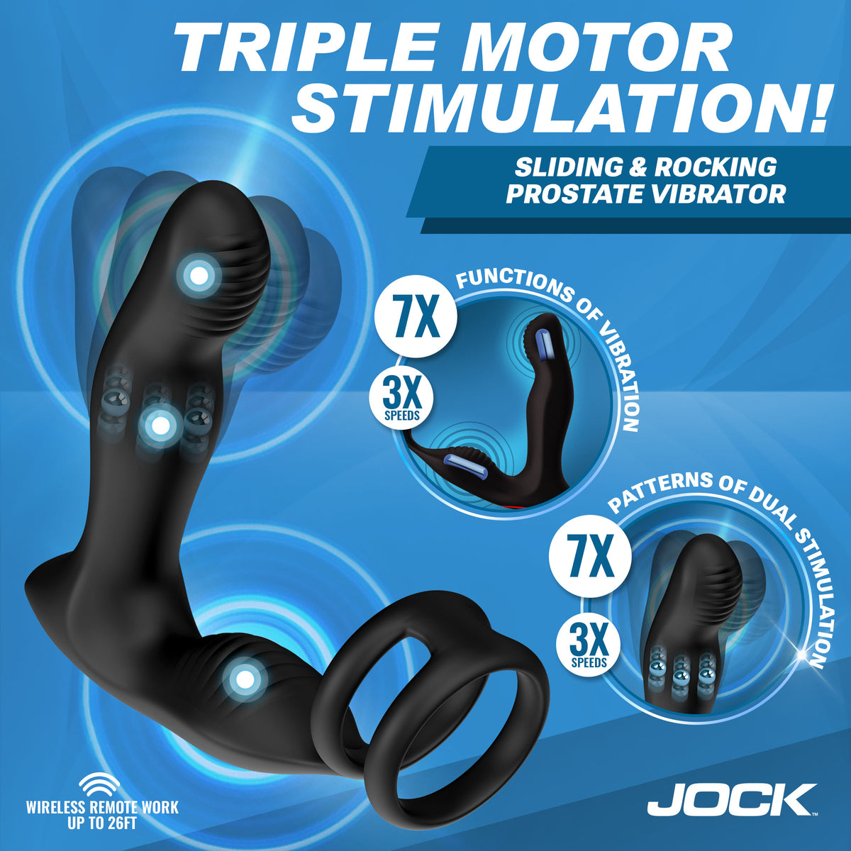 Jock P-Drive Sliding Rocking Prostate Vibrator With C-Ring features triple motor stimulation and wireless remote control.