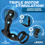 Jock P-Drive Sliding Rocking Prostate Vibrator With C-Ring features triple motor stimulation and wireless remote control.