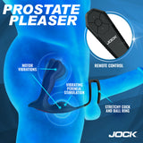 Jock P-Drive Sliding Rocking Prostate Vibrator With C-Ring showcasing remote control and enjoyment features.