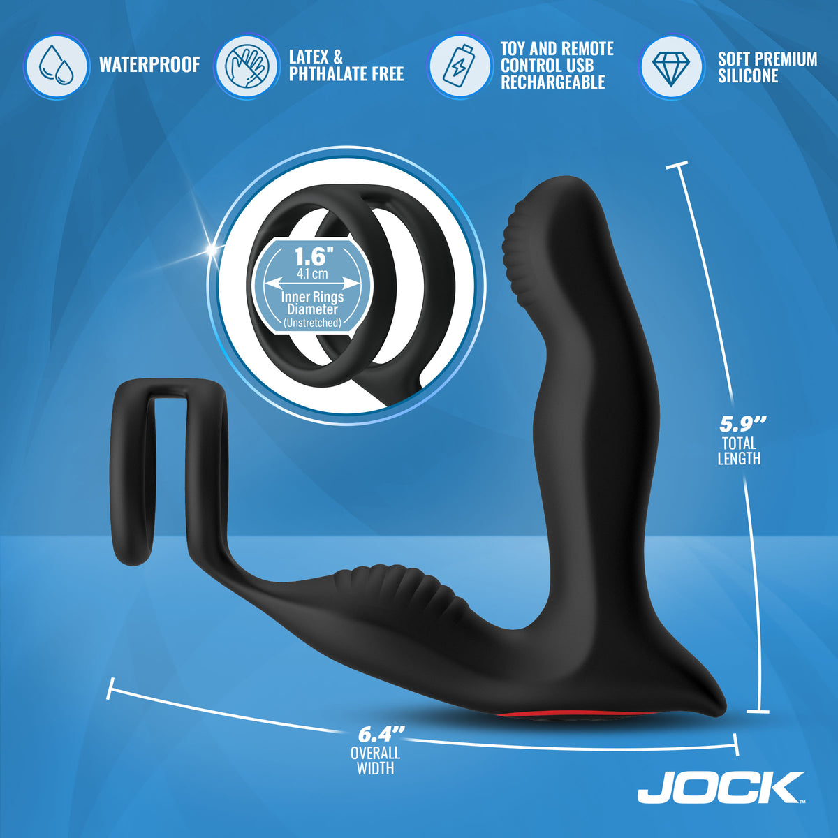 Jock P-Drive Sliding Rocking Prostate Vibrator With C-Ring features waterproof silicone and rechargeable design.
