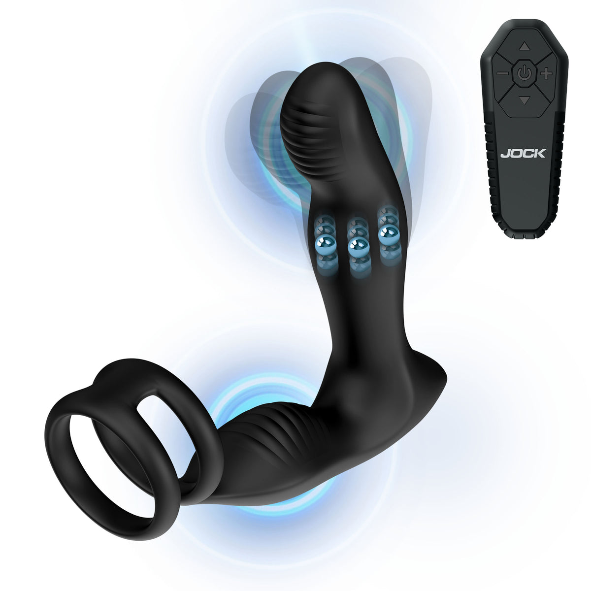 Jock P-Drive Sliding Rocking Prostate Vibrator With C-Ring featuring wireless remote and curved tip.