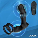 Jock P-Drive Sliding Rocking Prostate Vibrator With C-Ring showcasing its curved tip and remote control.