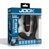 Jock P-Drive Sliding Rocking Prostate Vibrator With C-Ring in packaging, featuring a wireless remote and triple motor stimulation.