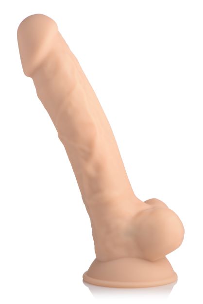 Fleshstixxx 8 Inch Vibrating Dildo with Balls Beige angled view showcasing realistic details.