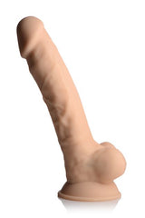 Fleshstixxx 8 Inch Vibrating Dildo with Balls Beige, realistic detailing and flexible silicone design.