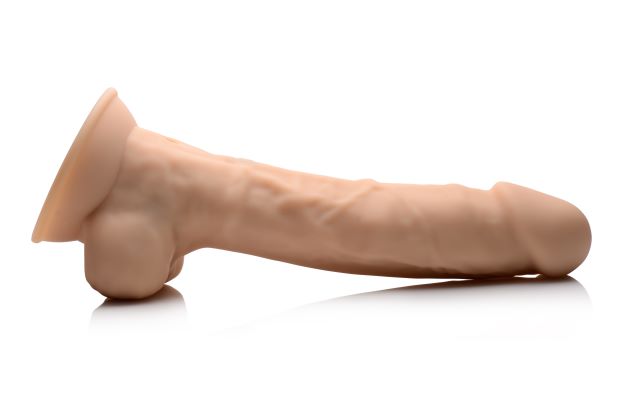 Fleshstixxx 8 Inch Vibrating Dildo with Balls Beige side view showcasing realistic detailing and flexible design.