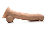 Fleshstixxx 8 Inch Vibrating Dildo with Balls Beige side view showcasing realistic detailing and flexible design.