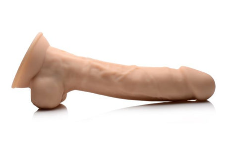 Fleshstixxx 8 Inch Vibrating Dildo with Balls Beige side view showcasing realistic detailing and flexible design.