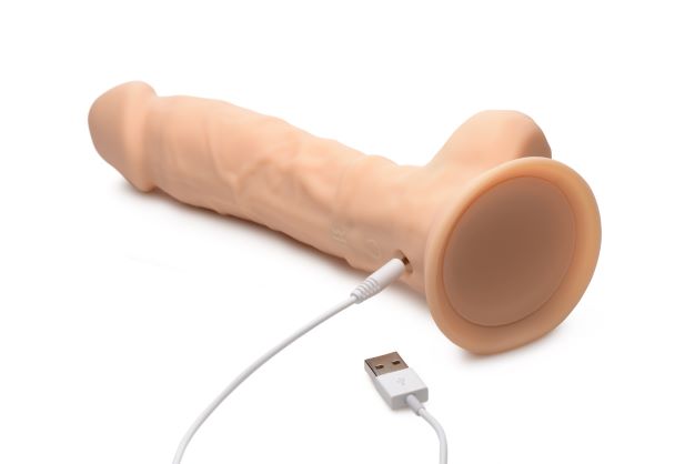 Fleshstixxx 8 Inch Vibrating Dildo with Balls Beige, realistic design and USB charging.