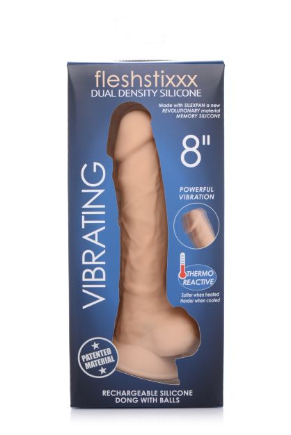 Fleshstixxx 8 Inch Vibrating Dildo with Balls Beige packaging showcasing its powerful vibration and thermo-reactive silicone.