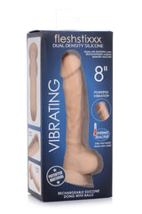 Fleshstixxx 8 Inch Vibrating Dildo with Balls Beige packaging showing a realistic design and features.
