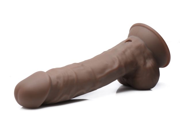 Fleshstixxx 8 Inch Vibrating Dildo With Balls Dark in flexible silicone design, showcasing lifelike details and bendable structure.