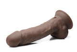 Fleshstixxx 8 Inch Vibrating Dildo With Balls Dark in flexible silicone design, showcasing lifelike details and bendable structure.