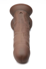 Fleshstixxx 8 Inch Vibrating Dildo With Balls Dark shown from the front, highlighting its lifelike design and silicone material.