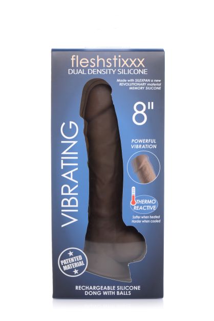 Fleshstixxx 8 Inch Vibrating Dildo With Balls Dark packaging showcasing powerful vibration and thermo-reactive silicone.