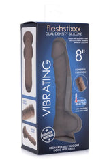 Fleshstixxx 8 Inch Vibrating Dildo With Balls Dark in packaging showing dual density silicone and features.