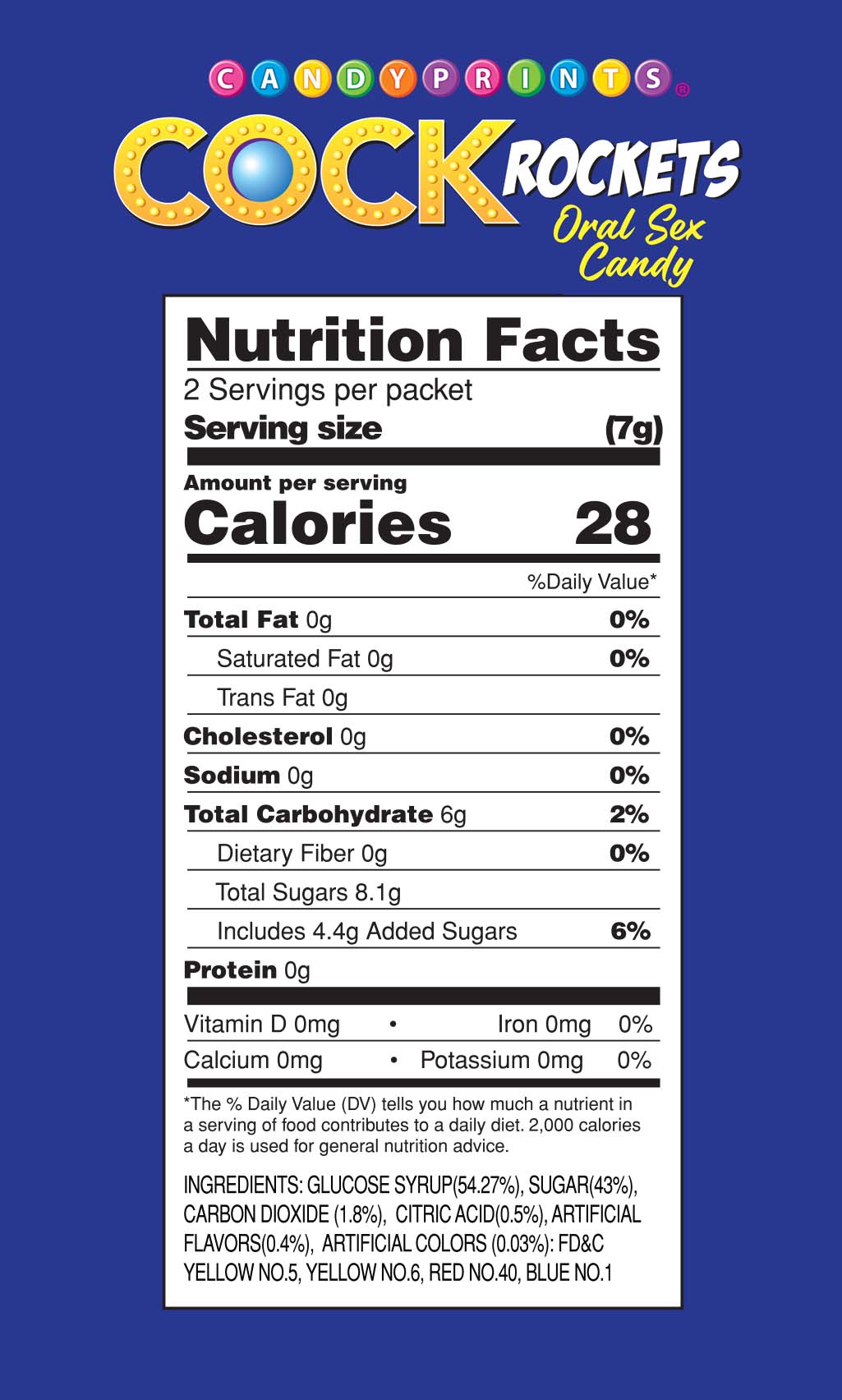 Cock Rockets Oral Sex Candy Grape Flavored nutrition facts panel showing serving size, calories, and ingredients.