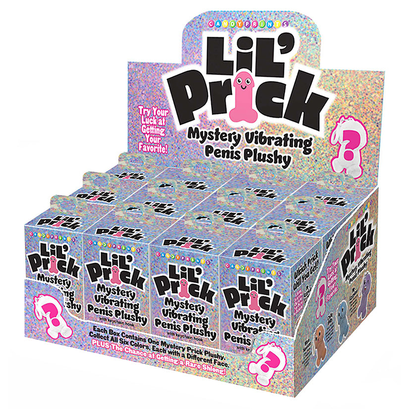 Lil Pricks Mystery Box Vibrating Keychain Display of 12, colorful collectible keychain boxes on countertop display.