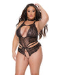 Coquette Crotchless Teddy Removable Tassels Black Queen on a model, showcasing lace and strappy details.
