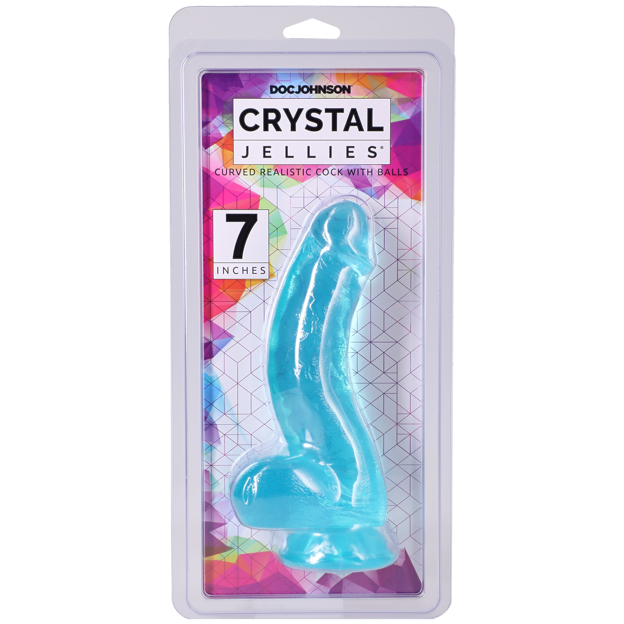 Crystal Jellies Curved Realistic Cock With Balls 7 Inch Teal packaging showing the product design and features.