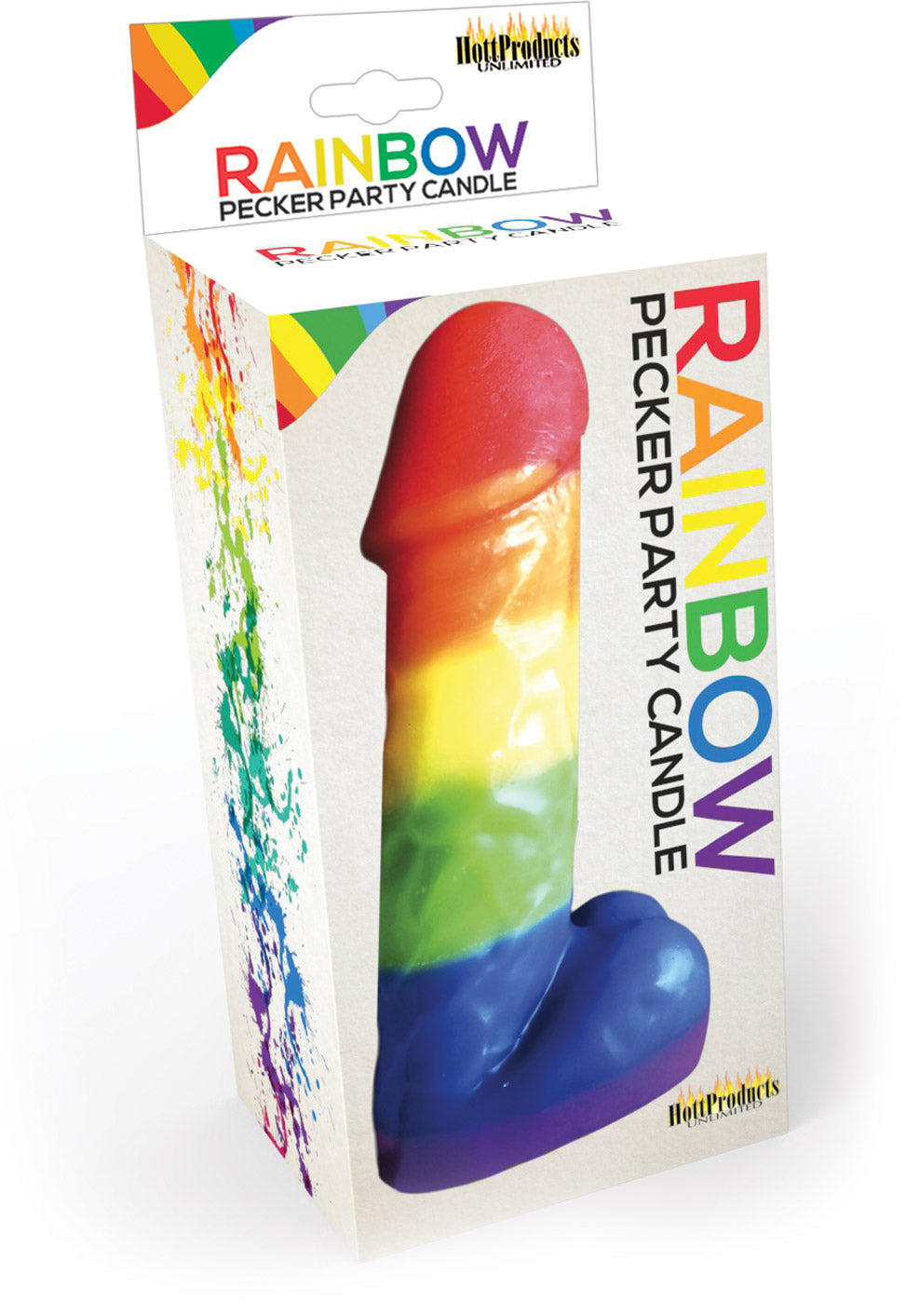 Rainbow Pecker Party Candle 7 Inch Multicolor in playful packaging featuring rainbow colors.