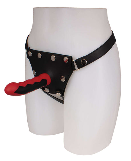 ElectraStim Silicone Fusion Komodo Electro Dildo Red Black in a harness for versatile stimulation.